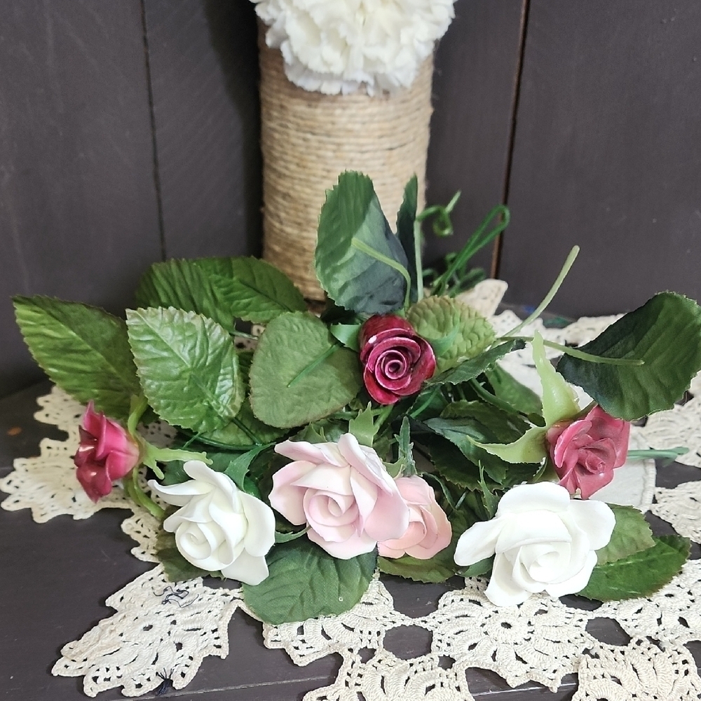 Vtg Porcelain Floral Arrangement with Pink and White Roses
